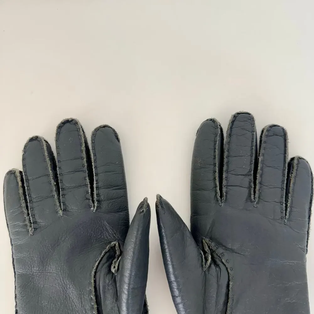 Pierre Cardin Vintage Soft Leather Gloves with Fur Lining Light Navy Women’s S
